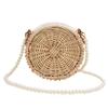 Rattan Bag Female Summer Straw Bag Cute Pearl Chain Shoulder Bag Braided Small Round Bag