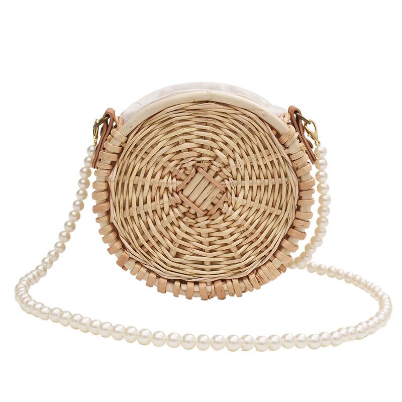 Rattan Bag Female Summer Straw Bag Cute Pearl Chain Shoulder Bag Braided Small Round Bag
