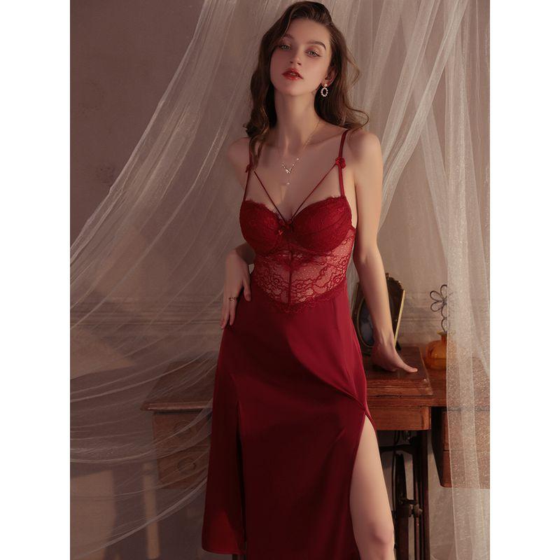 Good Morning with You: French Sexy Lace Long Slip Nightdress Split Pure Desire with Chest Pad Small Chest Pajamas Push Up