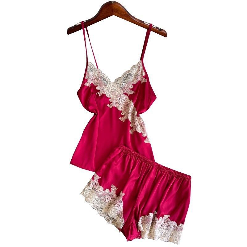 Japanese sexy suspender pajamas women's shorts two-piece set lace lace thin summer ice silk new loungewear