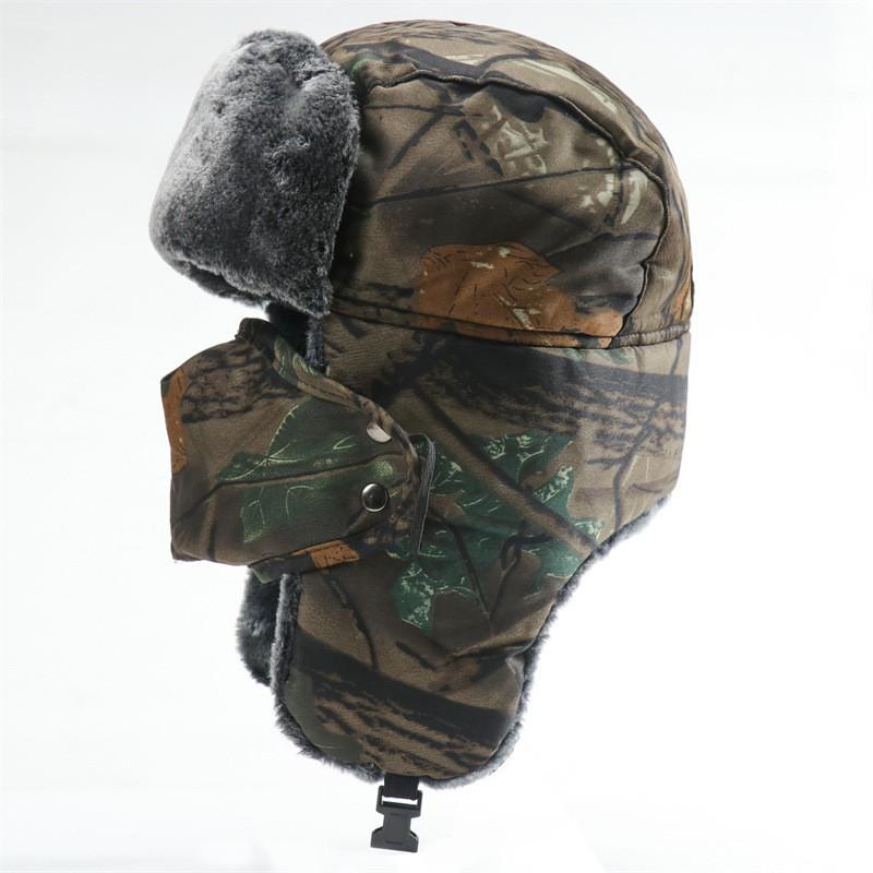 Winter Warm Fleece-lined Military Style Beanie Hat With Camo Leaf Print Soviet Emblem Men Women Outdoor Use