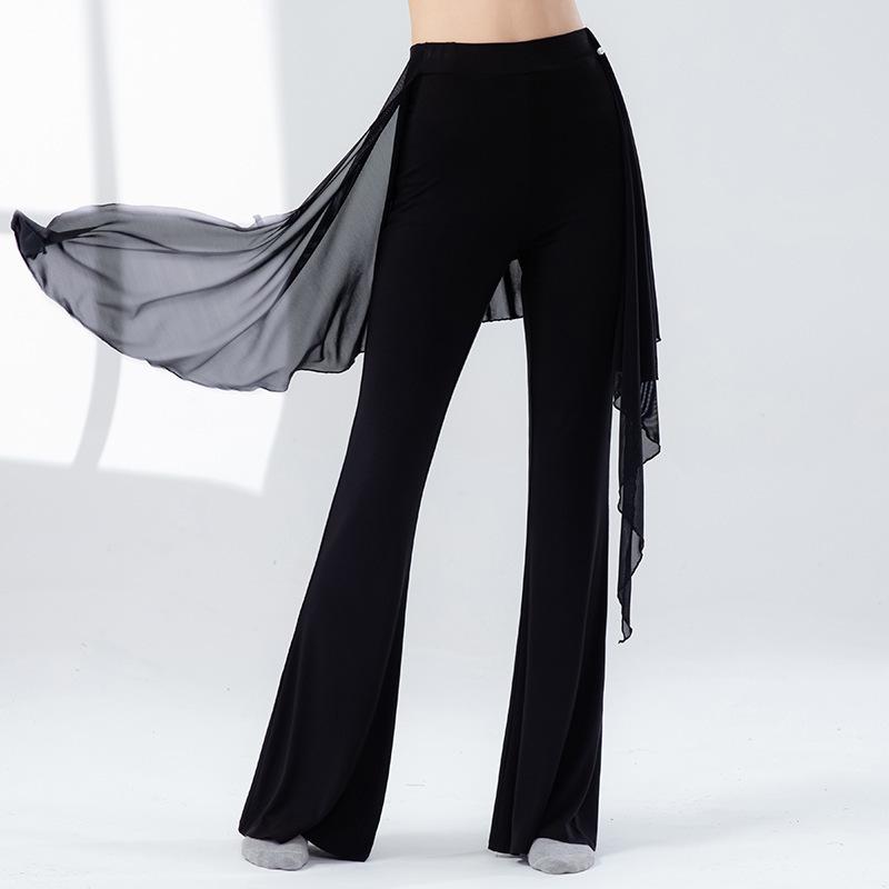 Modern Dance Pant Women Long Microflared Latin Trousers Mesh Wrap Skirt Classical Practice Costume Stage Line Dancewear Female