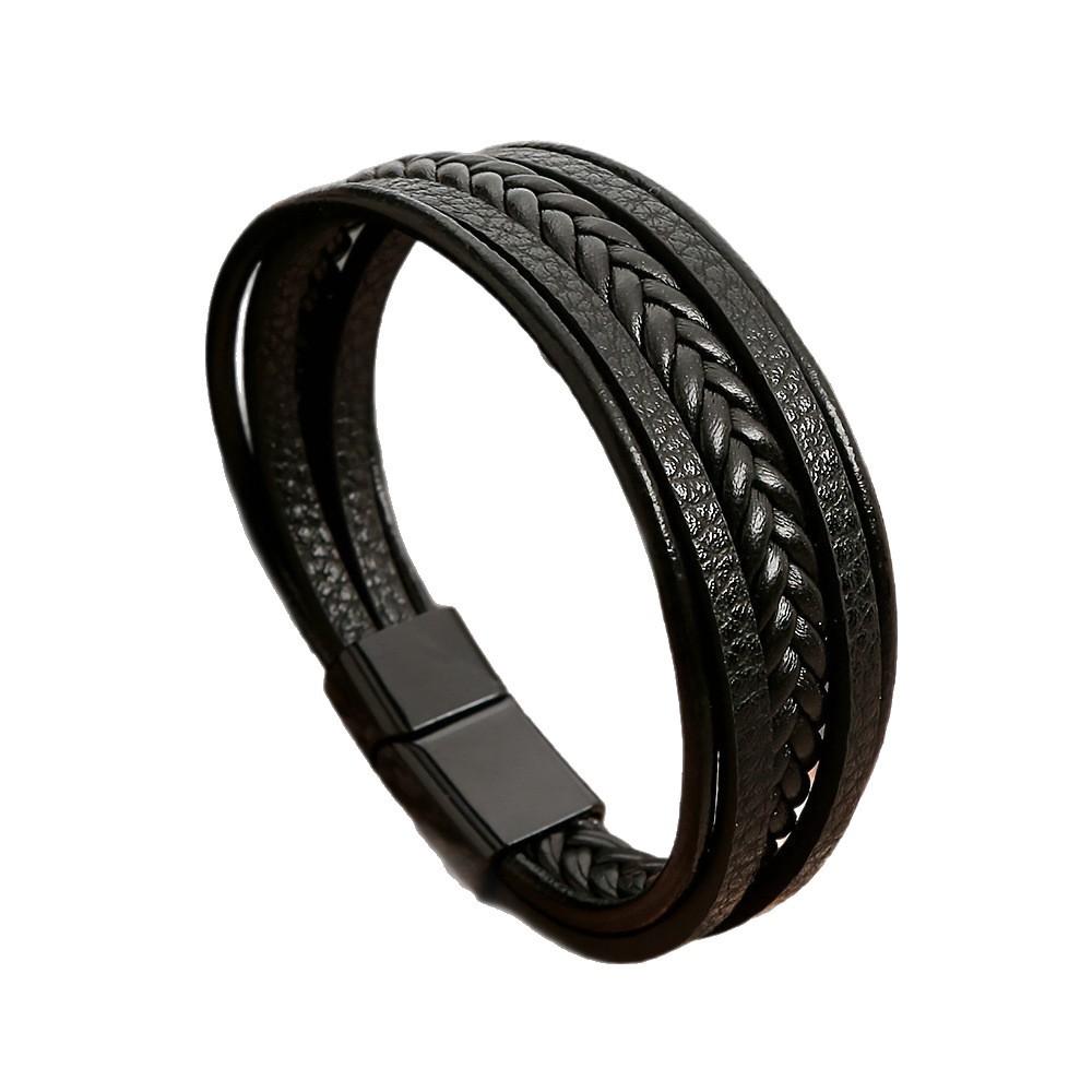 Black Multi Layers Leather Bracelet for Men,Metal Tube Charm Handmade Braided Rope Leather Bracelet,Gift for Husband Dad Son