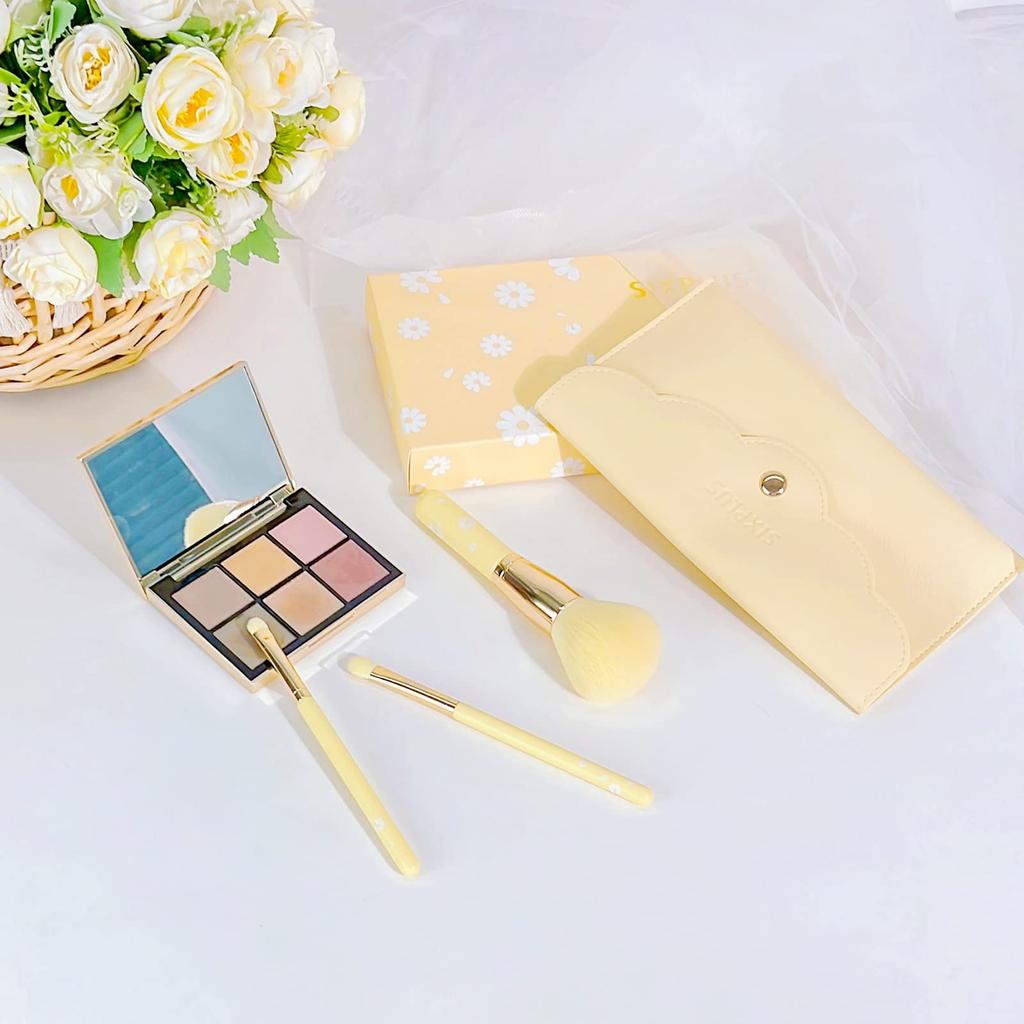 SIXPLUS Makeup Brush Set Daisy Series Powder Eyeshadow and Detail Brush with Storage Soft Pale Yellow 3-Piece - Brush, Brush, Envelope-Style Pouch,