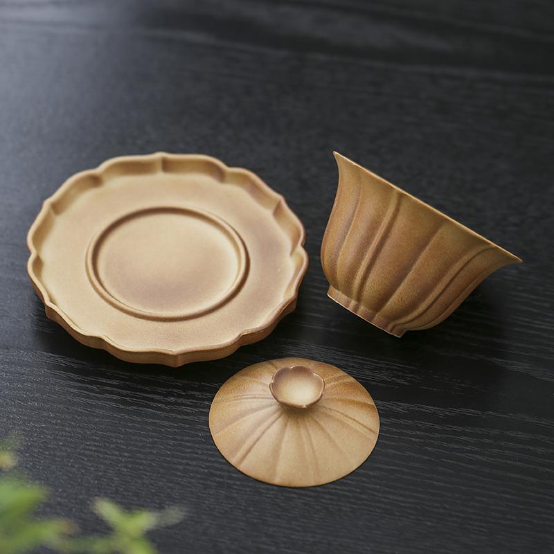 Retro Style Rough Pottery Kung Fu Tea Set, Wood Fired Tea Bowl with Lid, Household Single Sancai Large Kung Fu Tea Tureen