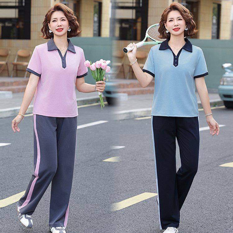 

Petite Mothers Ice Silk Short-Sleeve Two-Piece Set - Stylish Sportswear for Middle-Aged & Elderly Women 5XL синий
