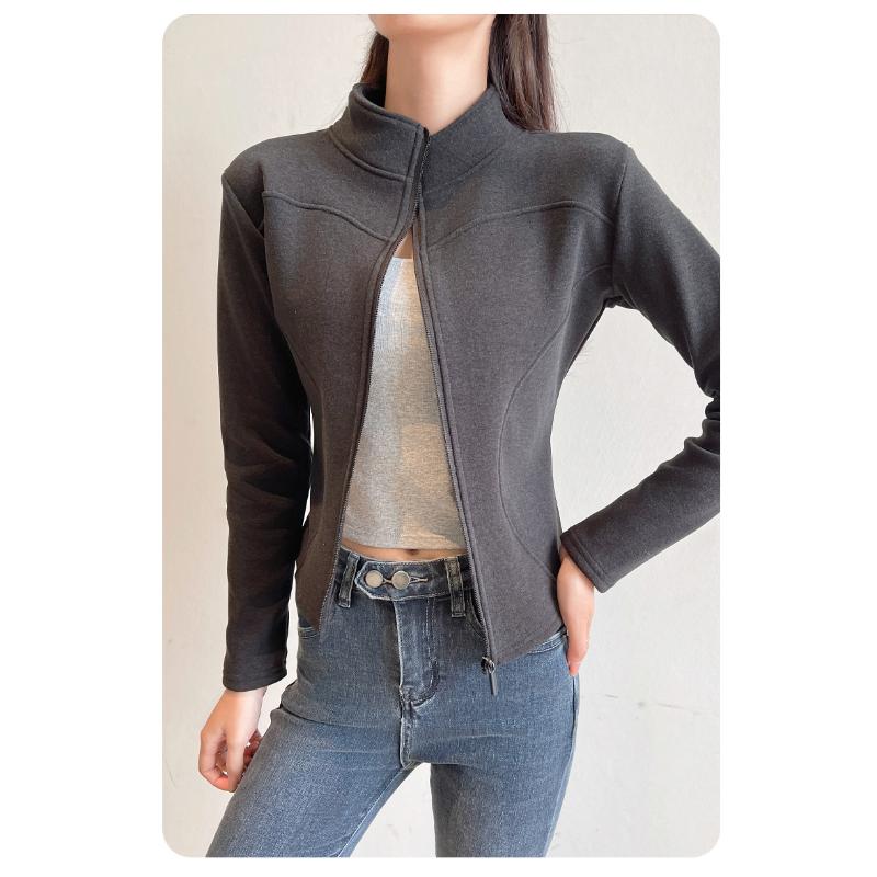 Women's Stand Collar Short Coat Fleece Sweatshirt For Autumn And Winter Outer Wear Slim Fit Fleece Lined Thickened Warm Yoga Top