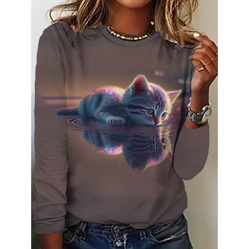 Camiseta de Otoño para Mujer de Manga Larga Estampado de Gato Lindo Calle Casual Cuello Redondo Jersey Ropa Oversize