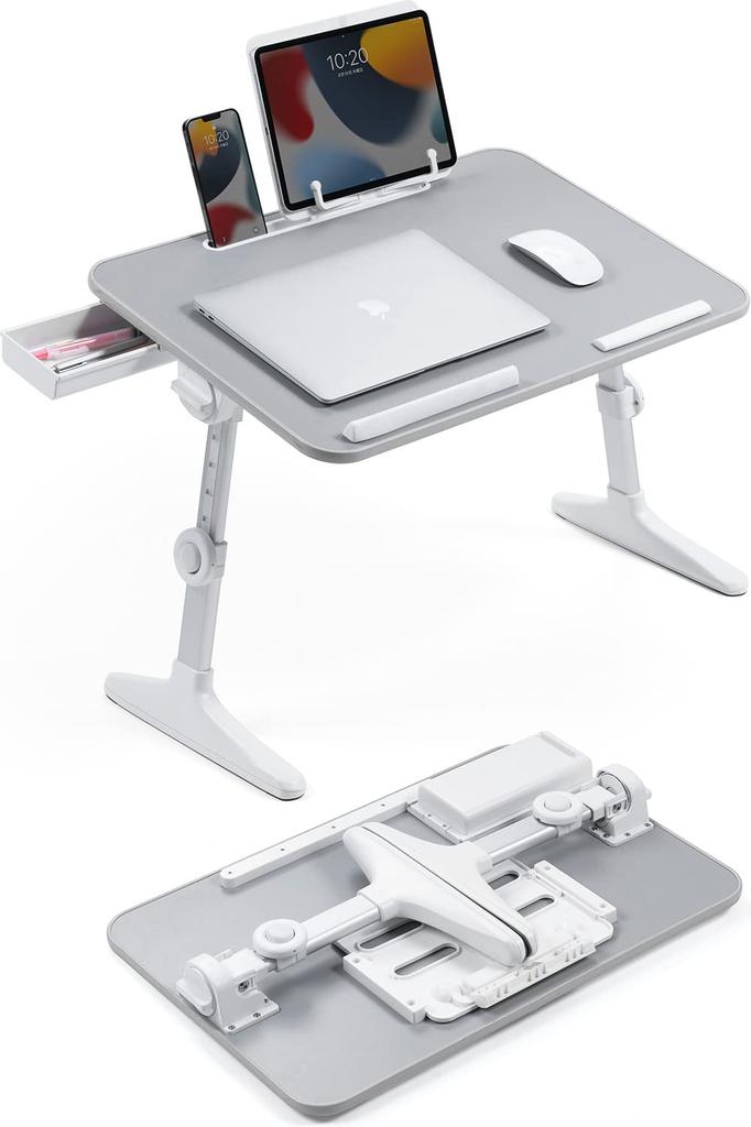 Sanwa Direct Low-Profile Folding Computer Desk, Work Desk, 60cm Wide x 40cm Deep, with Bedside Table, Gray, 100-MR191