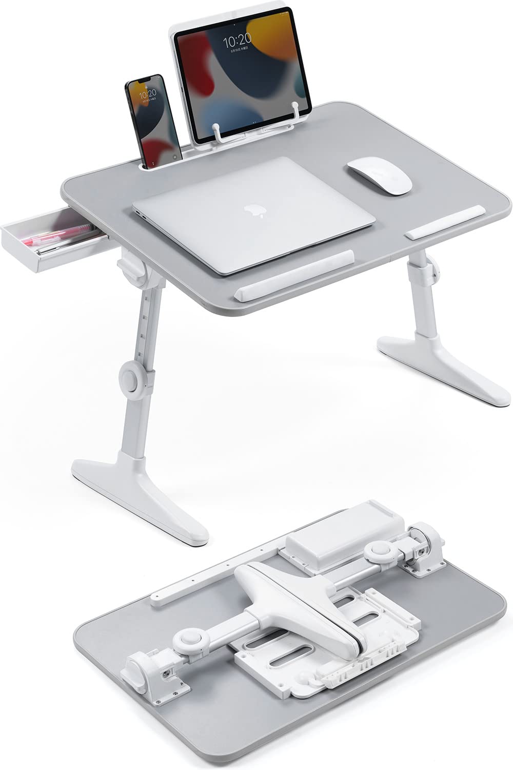 

Sanwa Direct Low-Profile Folding Computer Desk, Work Desk, 60cm Wide x 40cm Deep, with Bedside Table, Gray, 100-MR191