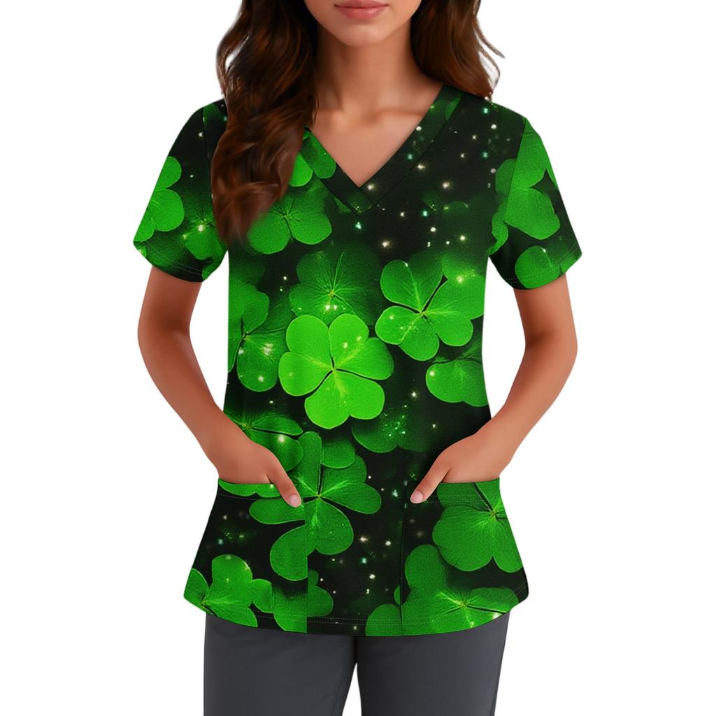 Women's Cute Bow Printed Work Clothes V-neck Double Layer Pockets Basic Short Sleeve Top Pullover