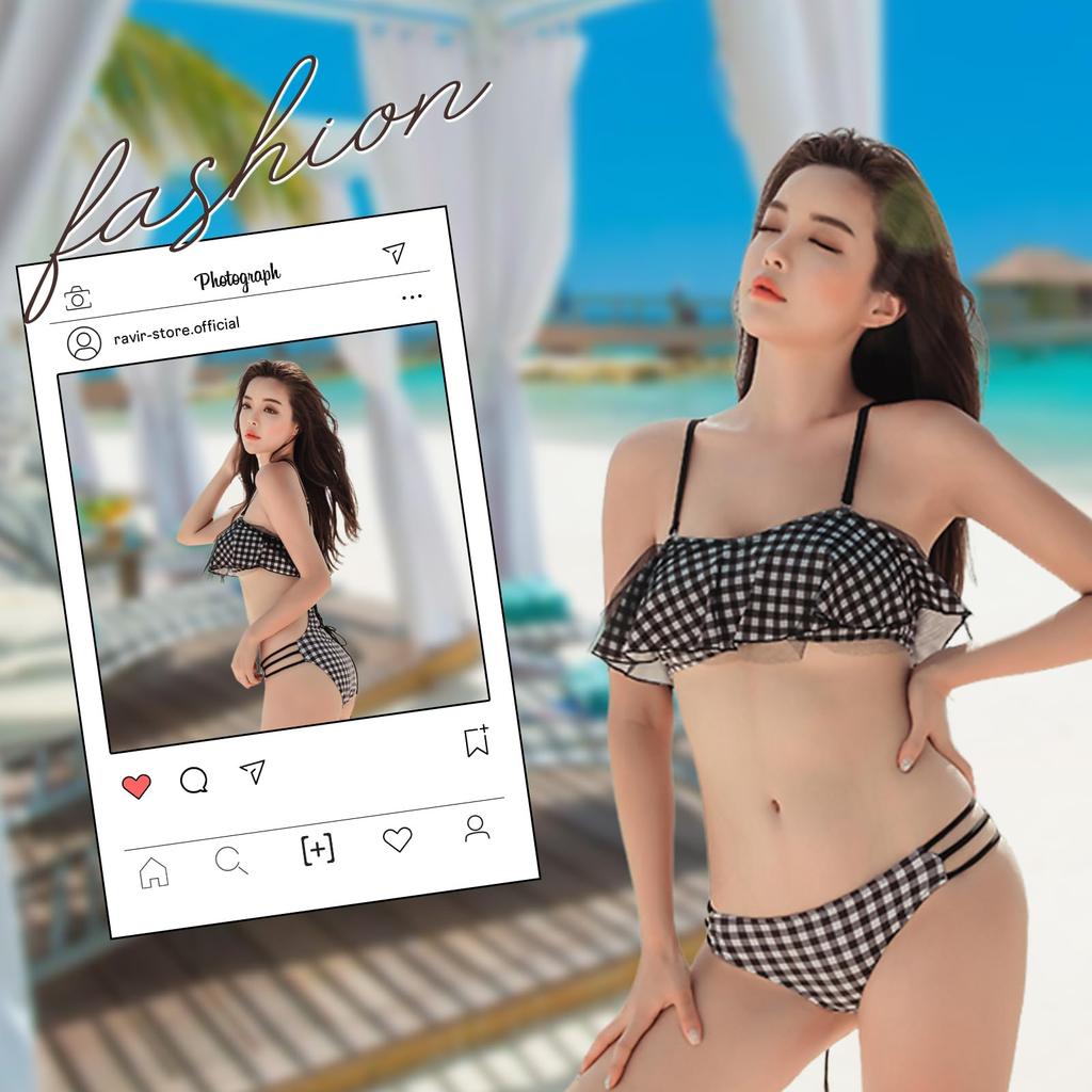 size L [RAVIR] Women's one-piece swimsuit, flare, lace, check,