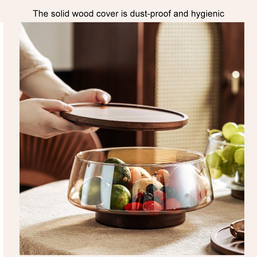 Creative Glass Fruit Bowl with Wood Base - Large Salad Bowl Lid Included Snacks Nuts Popcorn Storage Container Home Christmas