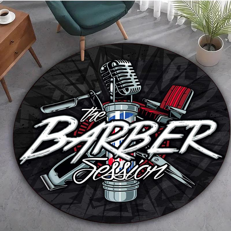 Barber Shop Round Mat - Soft Polyester Neon Design with Scissors & Razor, Perfect for Home, Office & Outdoor Decor
