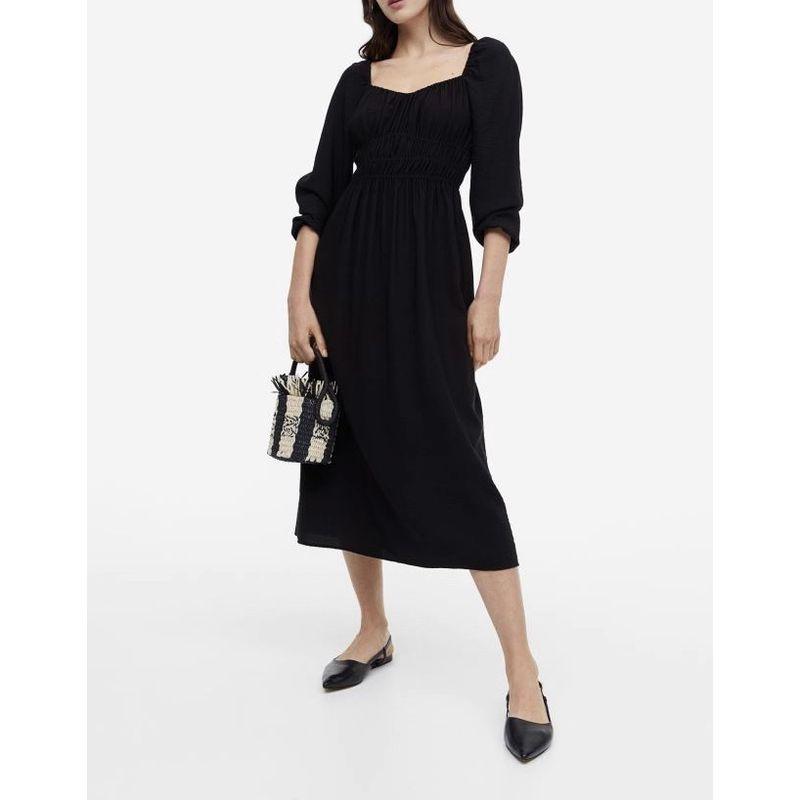 

Foreign Trade Order H Home Super High Texture Comfortable Long sleeve Big Hemline Dress Celadon Color Street Sweet Doll Long dress Black S