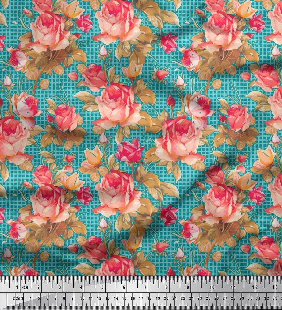 Soimoi Japan Crepe Satin Stoff Sjekk, Blader & Rose Blomstertrykk Sy Stoff meter 42 tommer