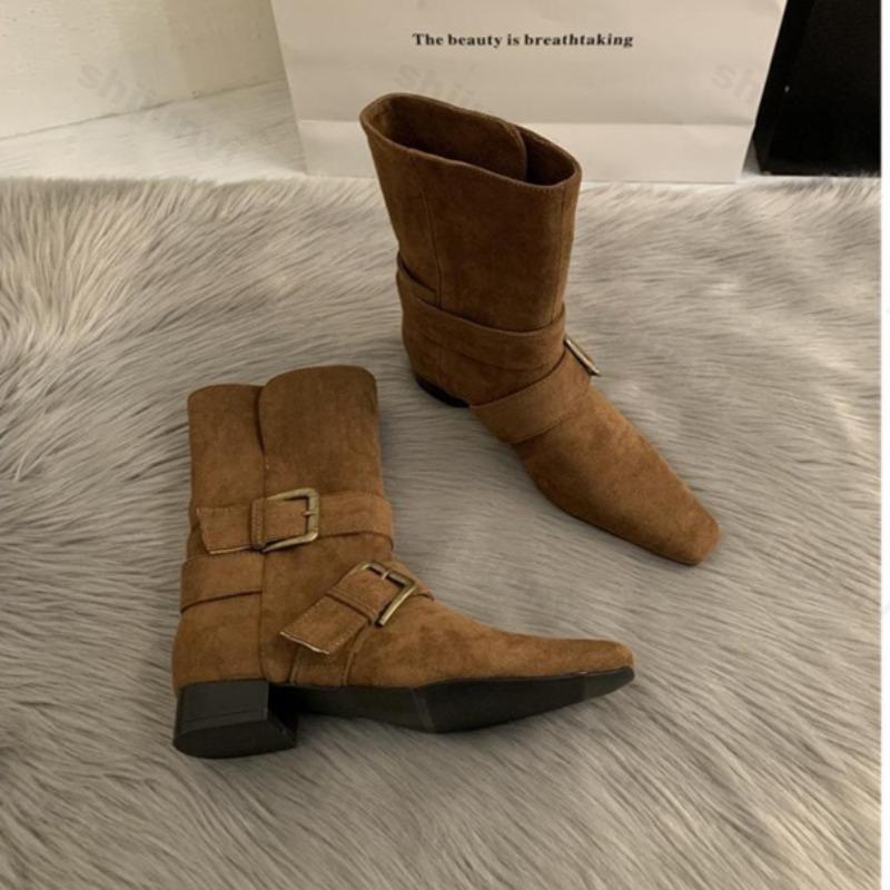 Fashion 2025 New Suede Ankle Boots Metal Buckle Belt Sexy Square Toe Suqare Heel New Arrivals Fashion Women Low-heel Modern Botas Mujer