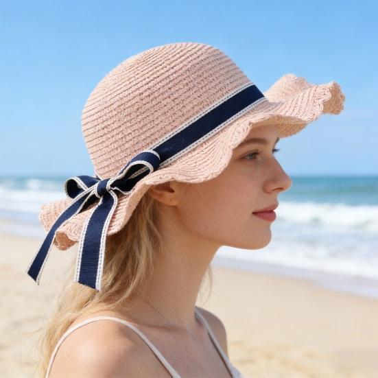 Family Beach Hat Natural Straw Woven Wide Brim Sun Protection Foldable Lightweight Summer