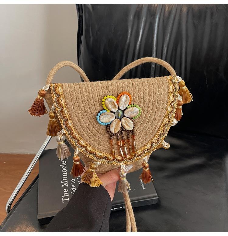 

Handmade thick rope woven bag, new tassel high-value straw woven bag, women s messenger bag хакі