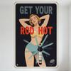 Vintage Sexy Pinup Girl & Spark Plug Metal Tin Sign, Dark Blue Black Background White Border, GET YOUR ROD HOT, Retro Hot Rod De