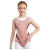 Girls Metallic Gymnastics Leotard Sleeveless Keyhole Back Sheer Mesh Patchwork Sparkling Rhinestone Bodysuit