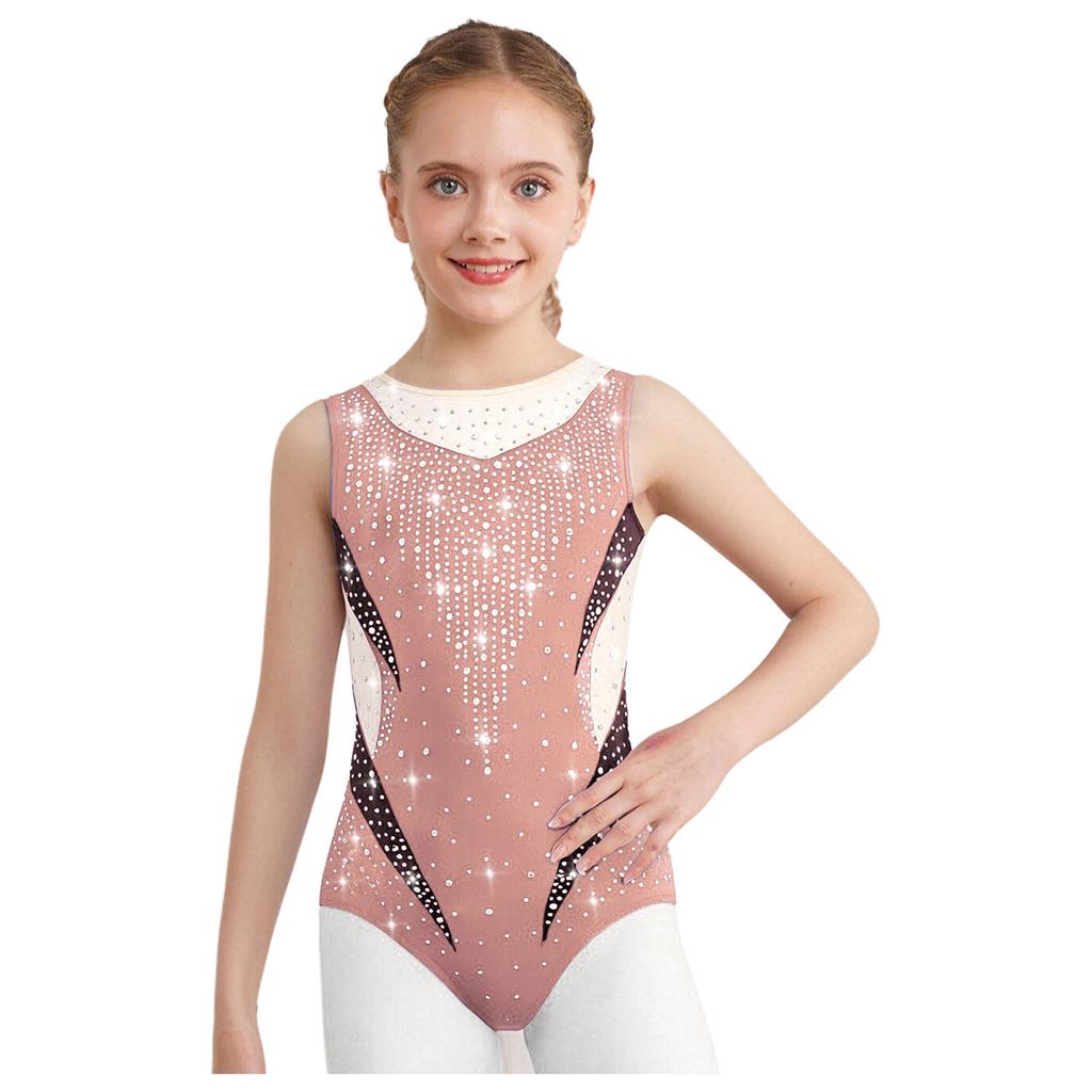 Girls Metallic Gymnastics Leotard Sleeveless Keyhole Back Sheer Mesh Patchwork Sparkling Rhinestone Bodysuit