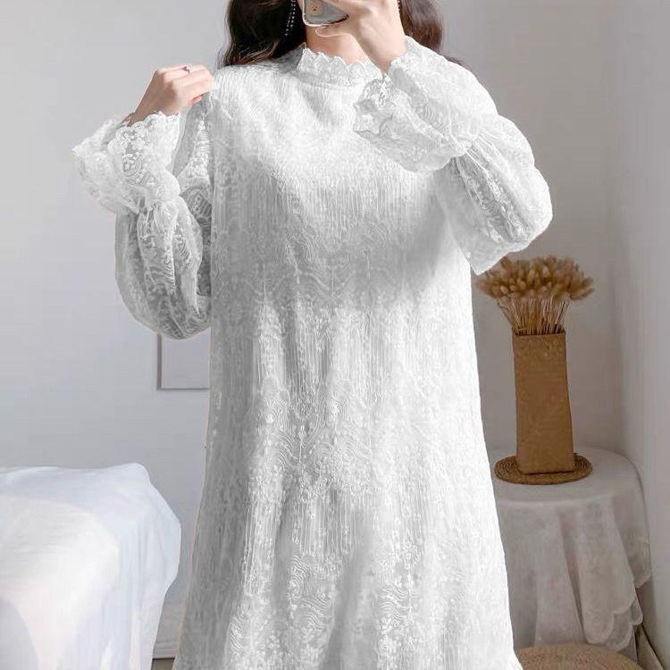 Elegant Soft Drape Lace Dress Women's Autumn Winter Mid-Length Fleece-Lined Inner Wear Long-Sleeve Underskirt