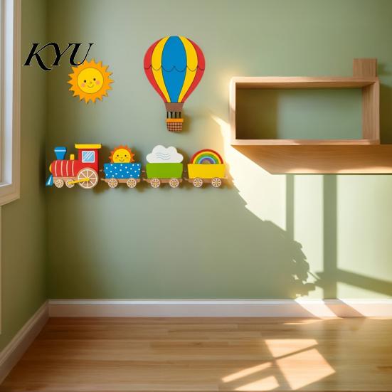 Easy Install Wall Accents 4Pcs Cartoon Train Hot Air Balloon 3D Wooden Decor, Colorful Kids Decorative Wood Shapes Room Hanging, Nursery Educational
