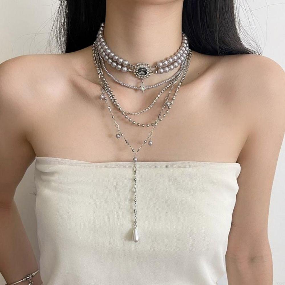 Multilayer Stacked Cross Grey Pearl Long Tassel Necklace Stars Pendant Clavicle Chain  Women