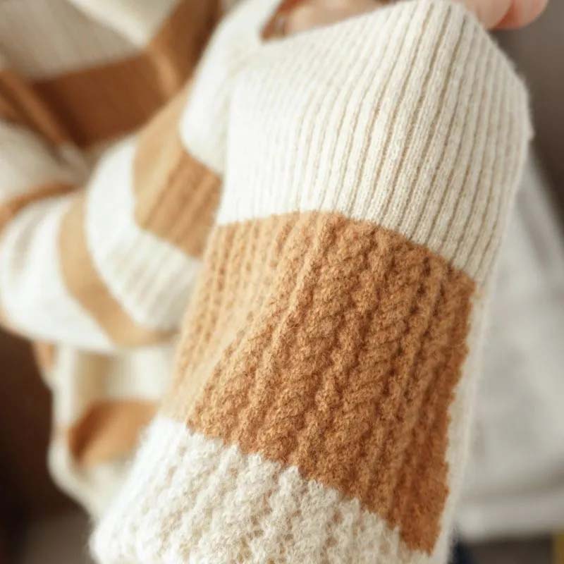 WTEMPO Lockere Pullover Streifen Damen Strickpullover Rundhals Langarm Oberteil Harajuku Büro Dame Lässig Unterhemd