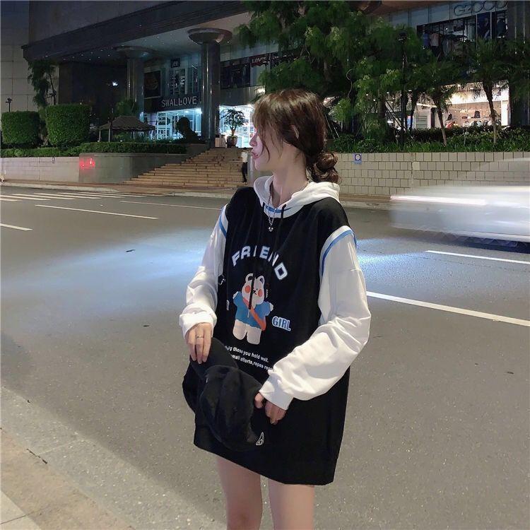 Spring Autumn Sweater Women Fake Two-piece Long-sleeved Hoodie Loose Boyfriend Wind Jacket Casual Thin T-shirt