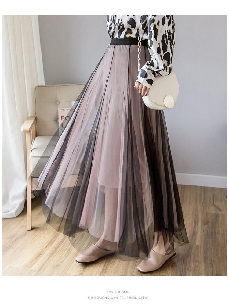 Color Collision Gaze-Rock, weiblicher Bustier-Rock, Frühling, hoch taillierter, dünner Halbrock, Super-Feen-Netzrock im langen Abschnitt, Feen-Langer Rock