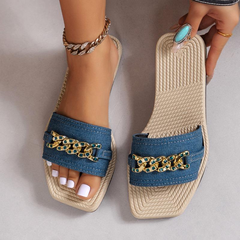 New Rhinestone Flat One-shoulder Shoes for Women Light and Casual Beach Flip-flops