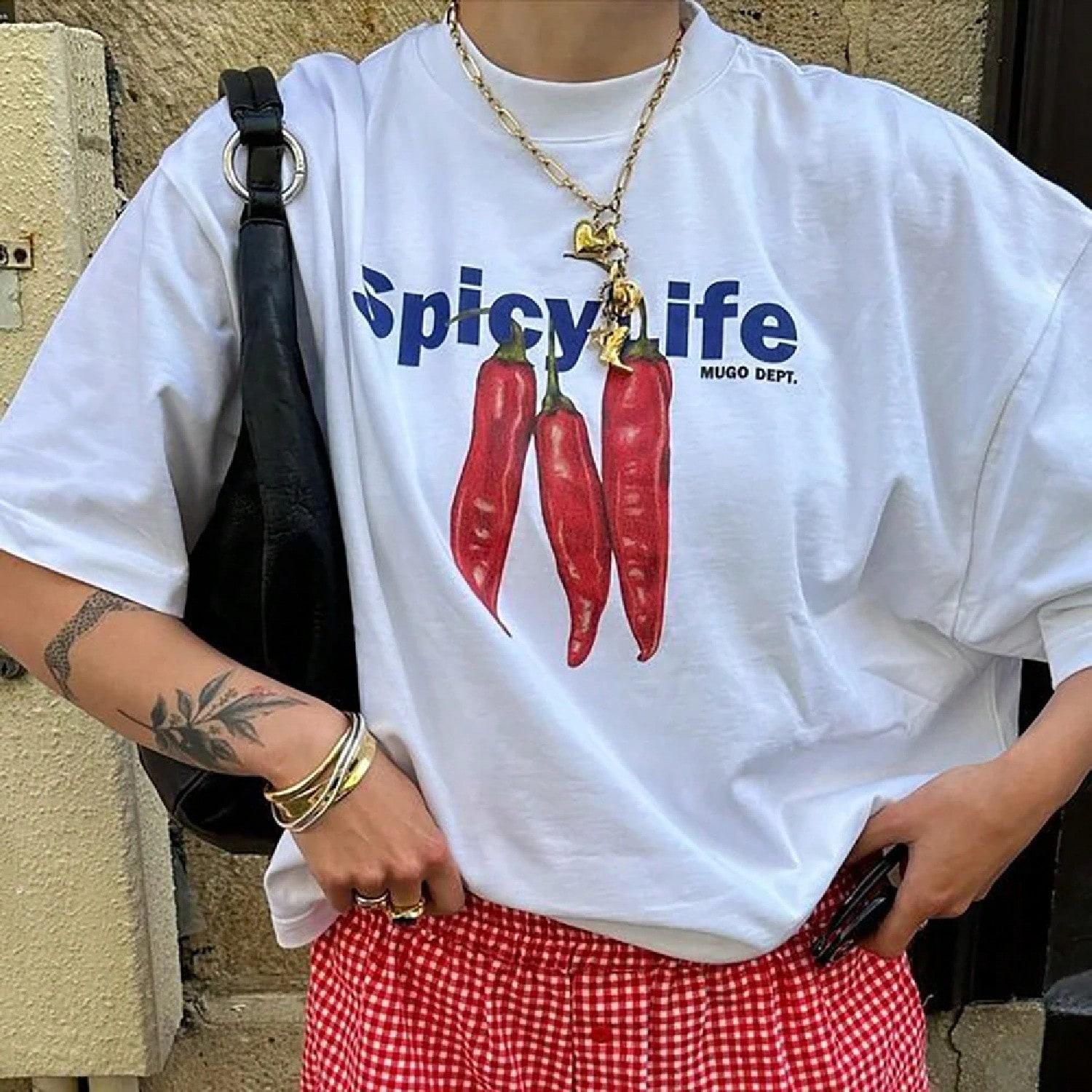 Spicy Life Chili Graphic Tee Pure Cotton Summer Fashion Casual Funny National Culture Women T-Shirt Short Sleeves S разноцветный