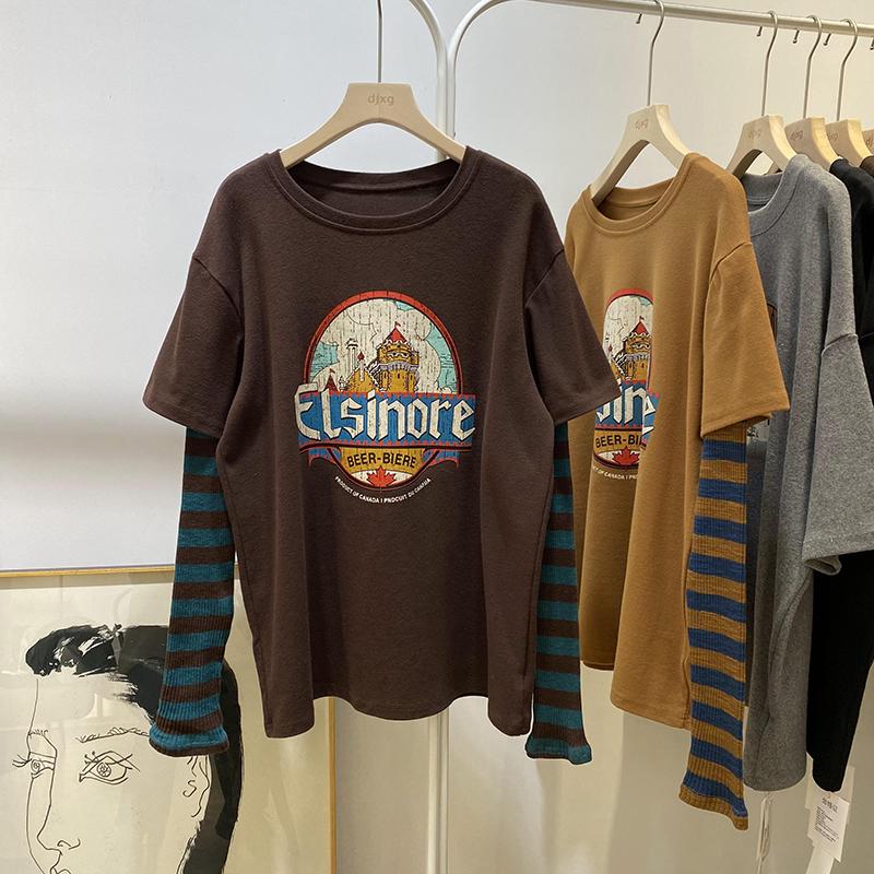 

Женский топ с мультяшным принтом, цветными блоками и полосками, из хлопка, с длинным рукавом, имитирующий двухслойный One Size