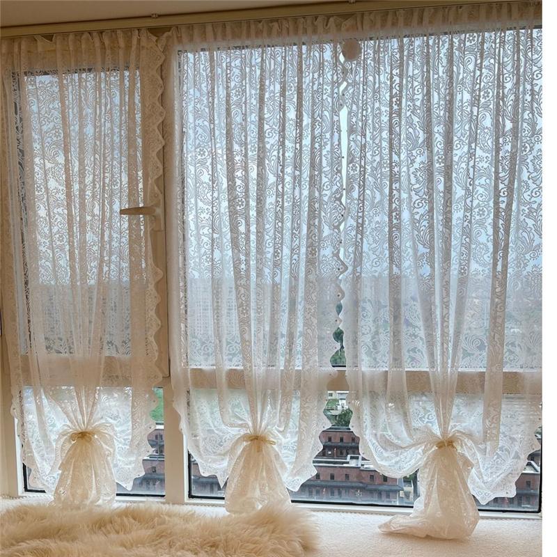 Lace Sheer Door Curtains Luxury Vintage Floral Lace Curtains for Livng Room Room Divider Closet Rod Pocket Hook Top Grommets Top Velcro
