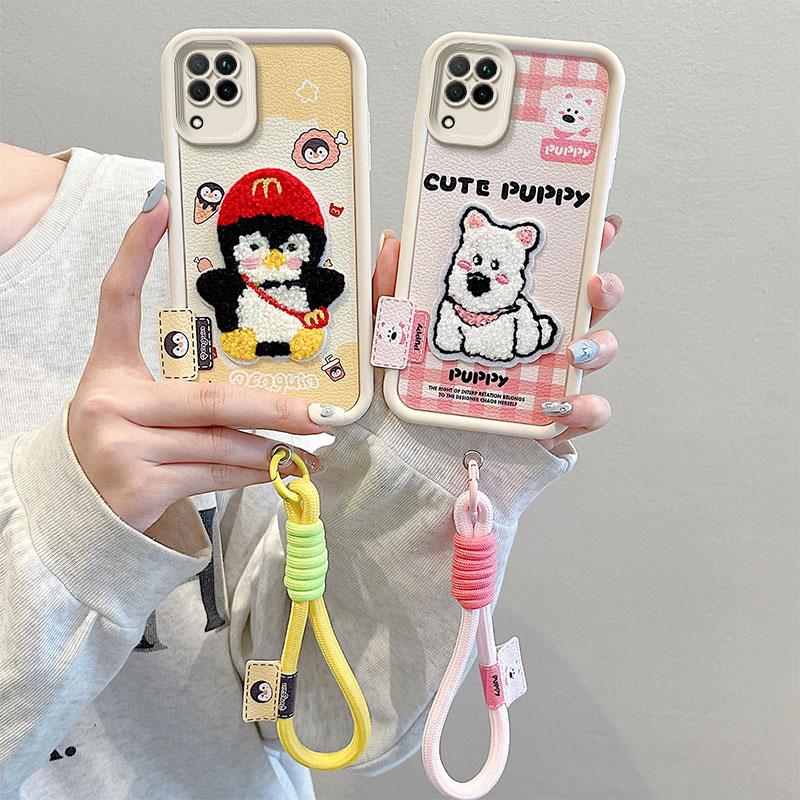 KEYSION Cartoon Cute Plush Embroidery Case for Samsung A12 with Lanyard Soft Silicone Shockproof Phone Back Cover for Galaxy M12