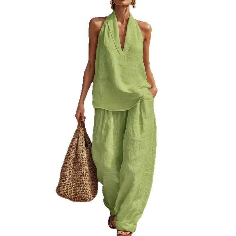 1116 set European and American women's clothing printed neck V-neck sleeveless casual pants set