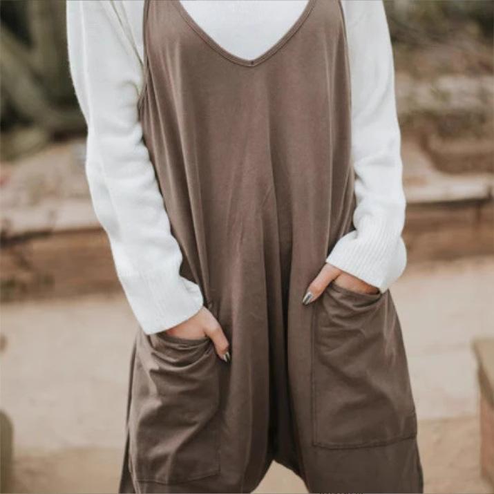 Damen Verstellbarer Träger Jumpsuit Lässig Locker Ärmellos Harem Romper mit Taschen