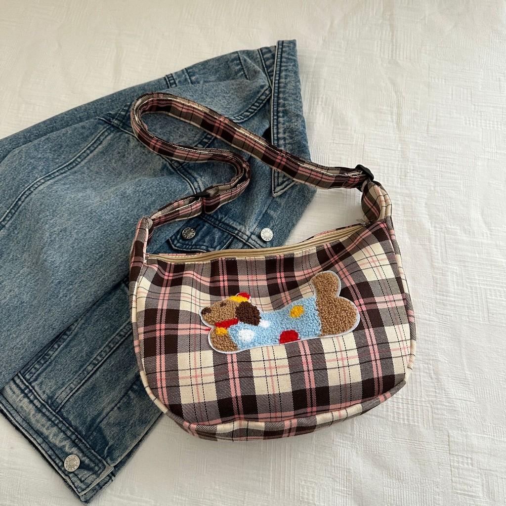 Chic Urban Minimalist Plaid Canvas Handbag Soft Shoulder Bag For Everyday Use In Three Colors