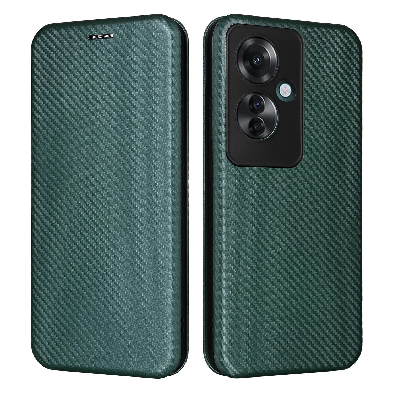 

For Oppo Reno11 F 5G Phone Case Magnetic Carbon Fiber Texture Leather Flip Cover Full Protection Green