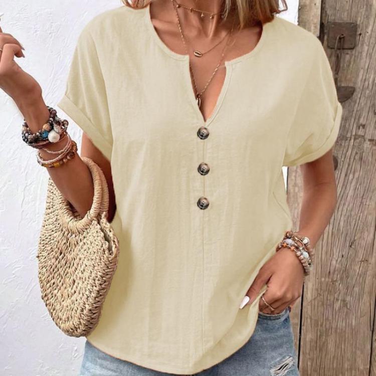 Women's Casual Short Sleeve V Neck Button Down Solid Color Summer Shirt Top