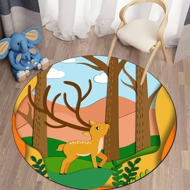 Floor Mat Living Room Rug Children's Crawling Play Area Mat Anime Carpet Door Mat Forest Fawn Round Rug