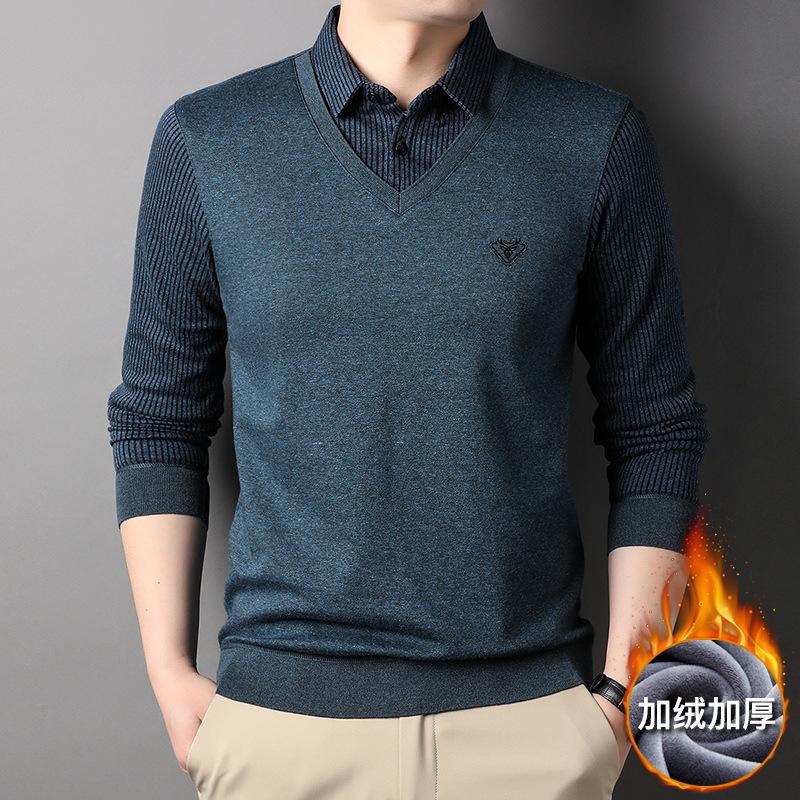 

Мужская поддельная одежда для двух пап на осень и зиму, утепленный флисовый термобелье, футболка среднего возраста в полоску с лацканами, базовая рубашка XXXL