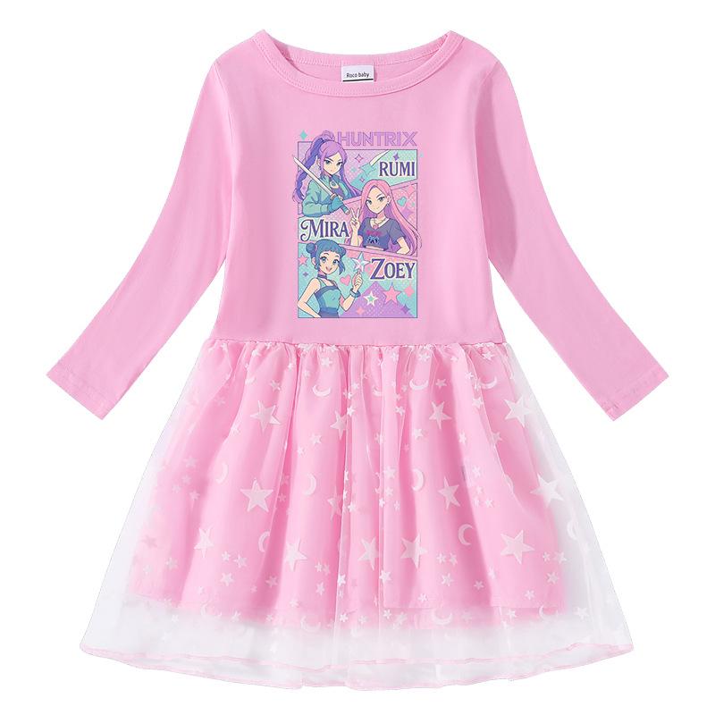 Vestido de Princesa de Malla con Lentejuelas Arcoíris de Kpop Demon Slayer para Niñas - Manga Corta de Verano y Manga Larga de Primavera/Otoño