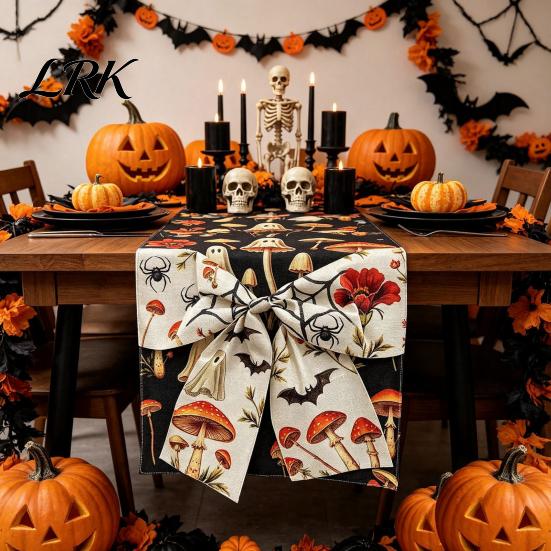 Entrance Cabinet Table Runner Halloween with Bow, Ghost Mushroom Pumpkin Skeleton Print Runner, 13 Party Supplies x 70 Inch Spooky Kitchen Dining