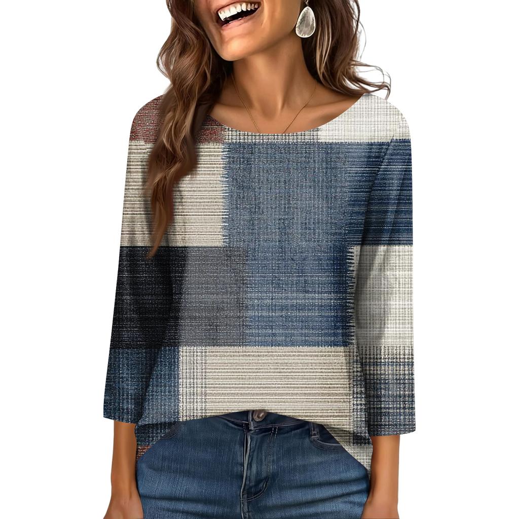 Women's Fashionable Casual Round Neck  3/4 Sleeve  Printed T-Shirt Top