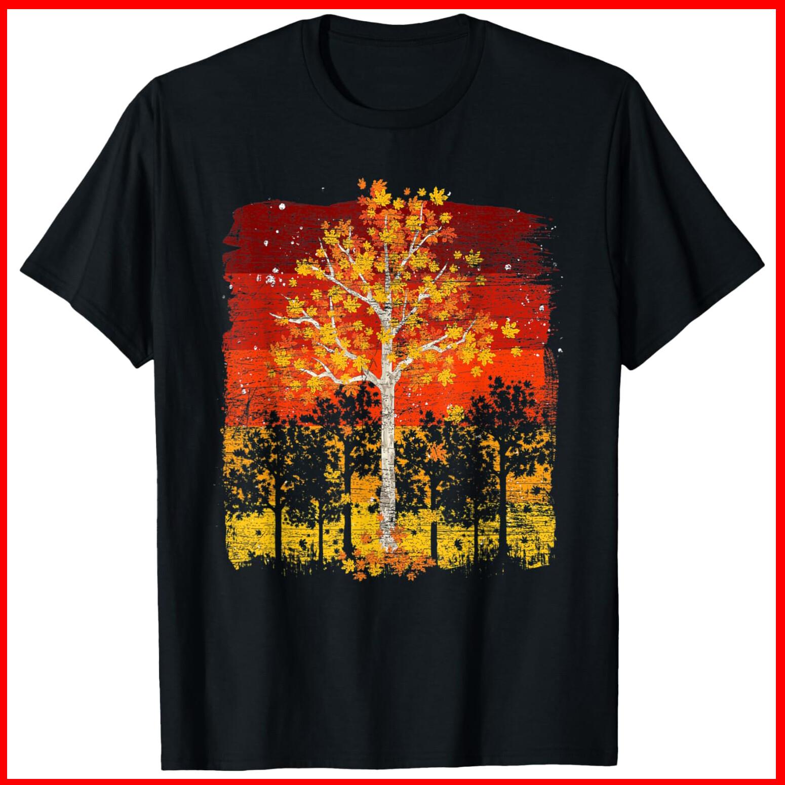 Fall Landscape Thanksgiving Autumn Leaves Forest Fall Black Cotton T-Shirt S-5XL S