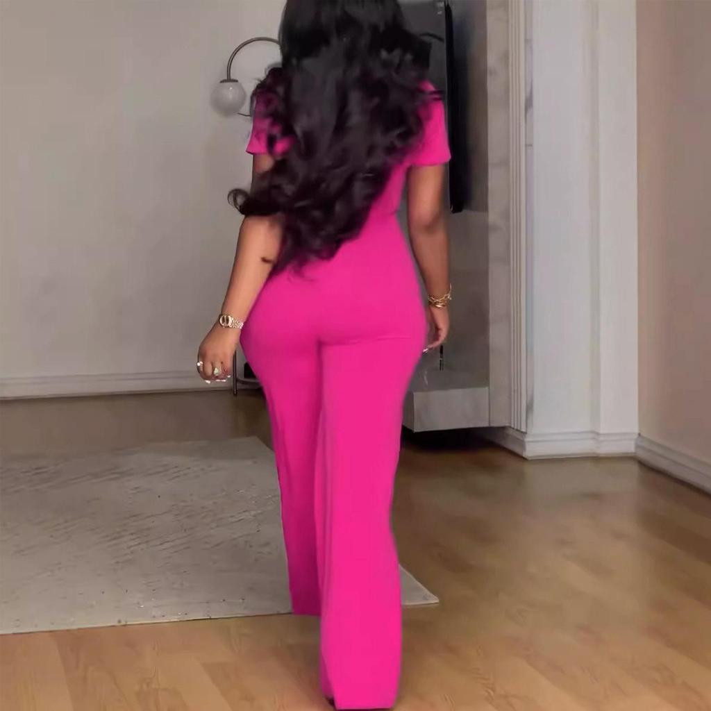 Irregular Neckline Waist-Gathering Wide-Leg Jumpsuit