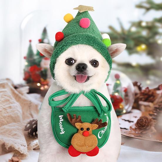 1 Set Christmas Pet Outfit Christmas Tree Pom-Pom Hat And Pet Bib Holiday Pet